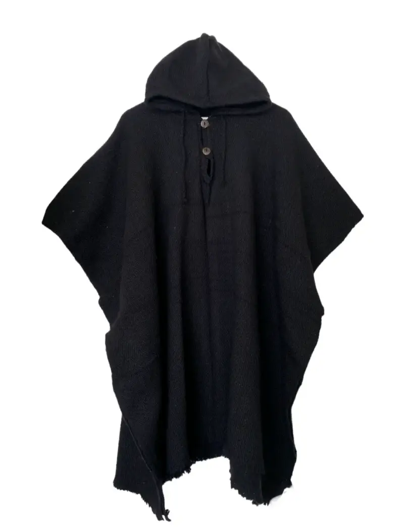 Poncho lana de alpaca negro con capucha - 1
