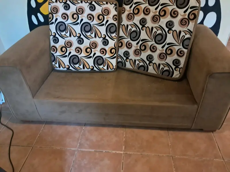 Sofá marrón con cojines estampados - 1
