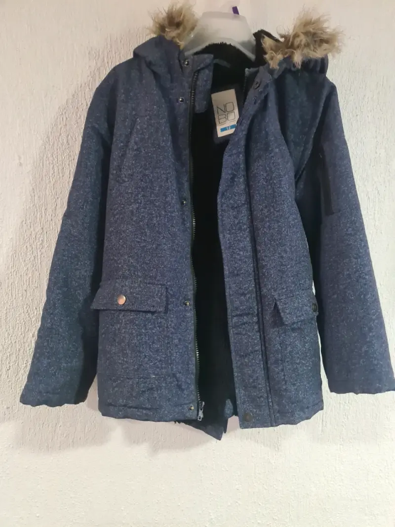 Parka azul con capucha de peluche - 1