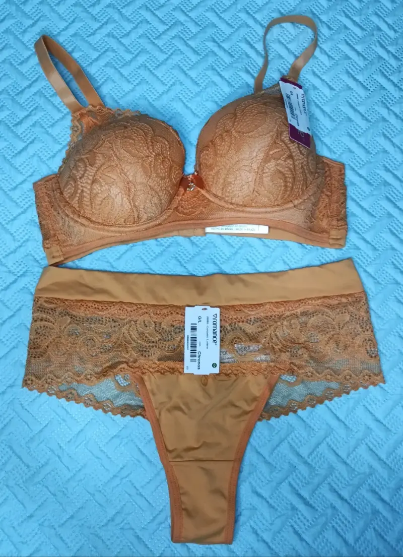 Conjunto lencería encaje naranja