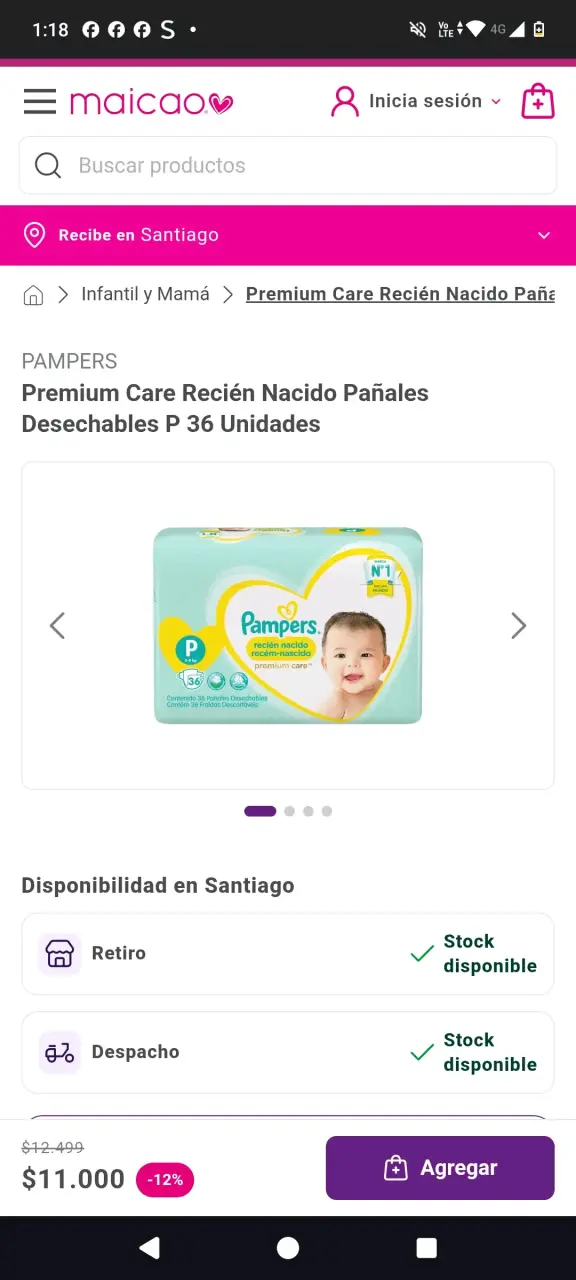 Pañales Pampers Premium Care P 36 unidades