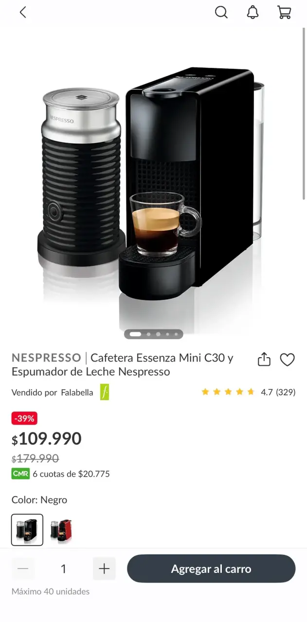 Cafetera Nespresso Essenza Mini C30 Negra