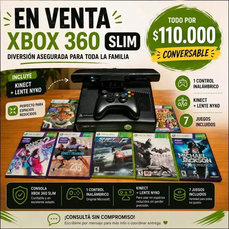Xbox 360 Slim con Kinect y juegos - 1