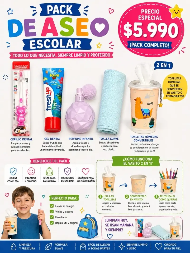 Pack de aseo escolar para niños