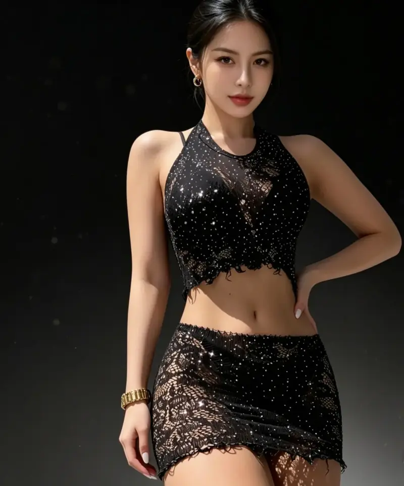 Conjunto malla negro encaje brillante talla única - 1