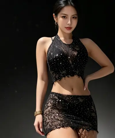 Conjunto malla negro encaje brillante talla única - miniatura 1