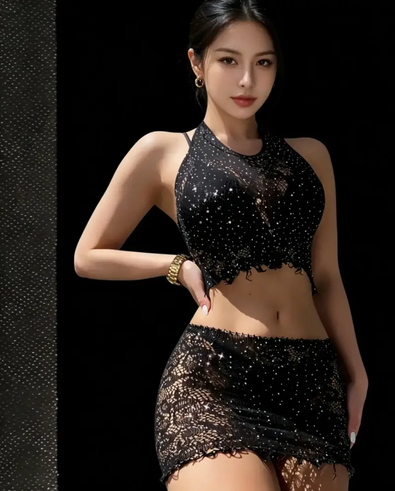 Conjunto malla negro encaje brillante talla única - 2