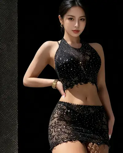 Conjunto malla negro encaje brillante talla única - miniatura 2