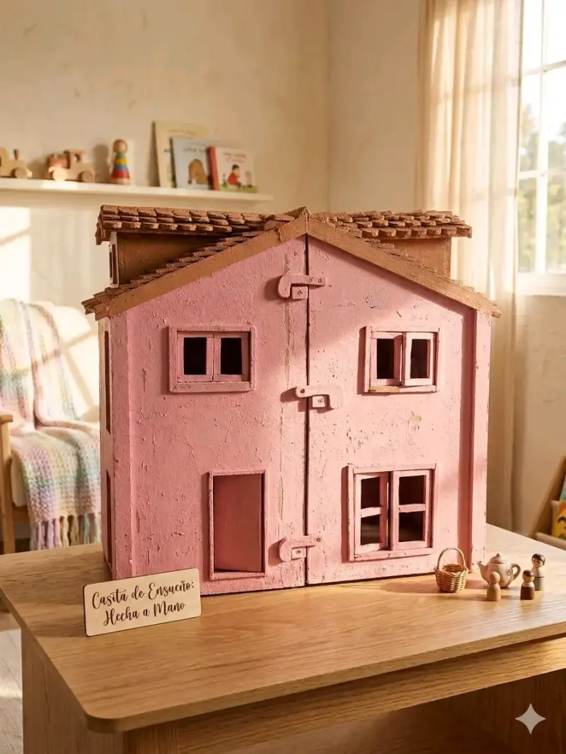 Casita de muñecas rosa hecha a mano - 1