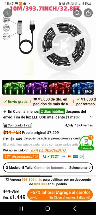 Tira de luces LED 10M RGB - miniatura 4