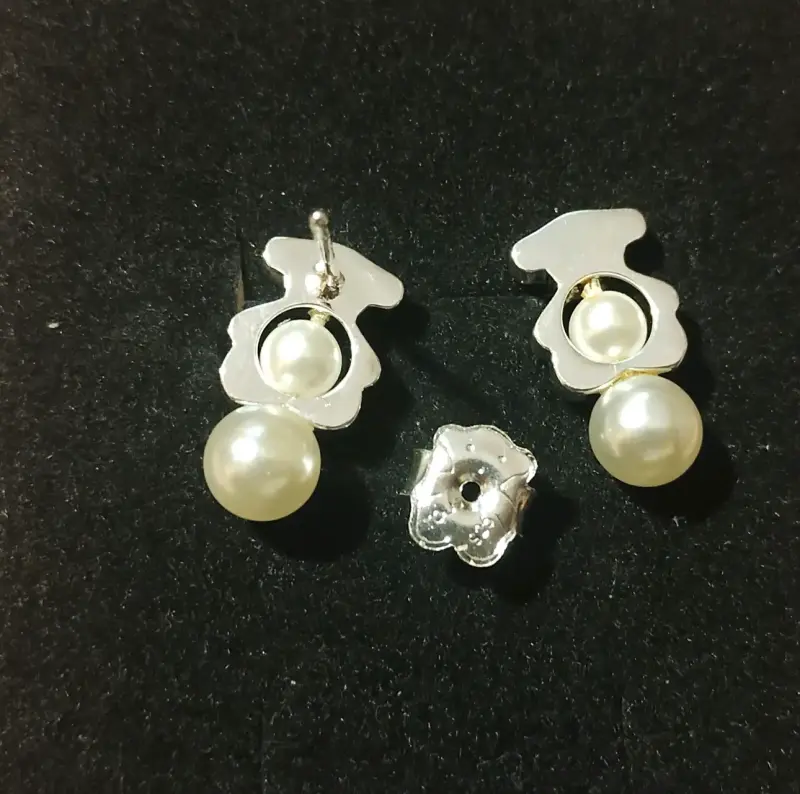 Aros de perla con diseño de osito , plata 925 - 2