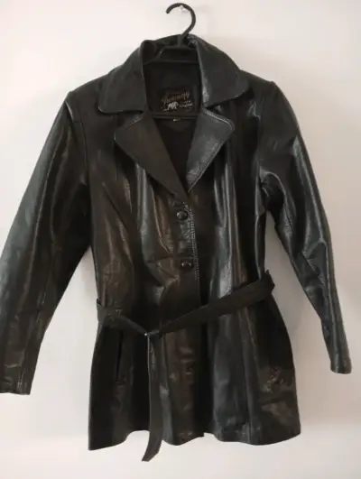 Abrigo de cuero negro para mujer - miniatura 2