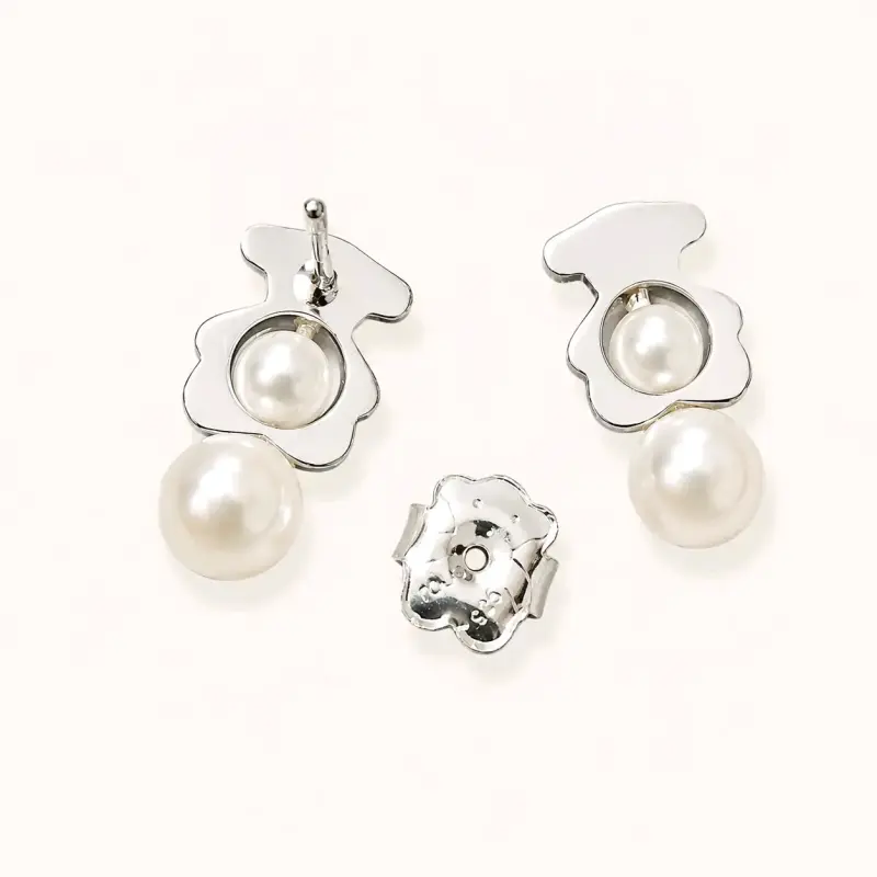 Aros de perla con diseño de osito , plata 925
