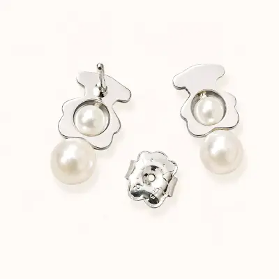 Aros de perla con diseño de osito , plata 925 - miniatura 1