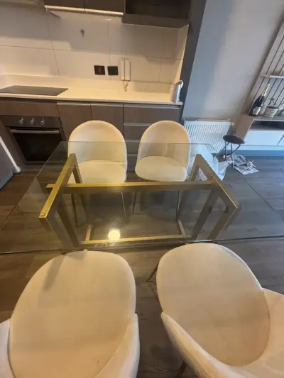 Juego de comedor dorada vidrio y acero - miniatura 1