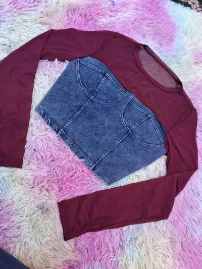 Polera bicolor burdeo y mezclilla - miniatura 1