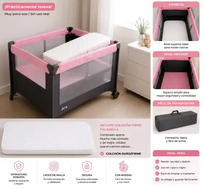 Cuna corral rosa con colchón - miniatura 4
