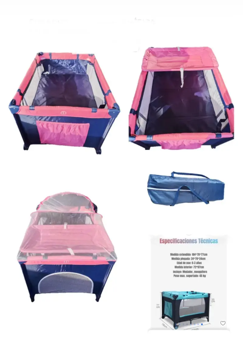 Cuna corral portátil rosa y azul
