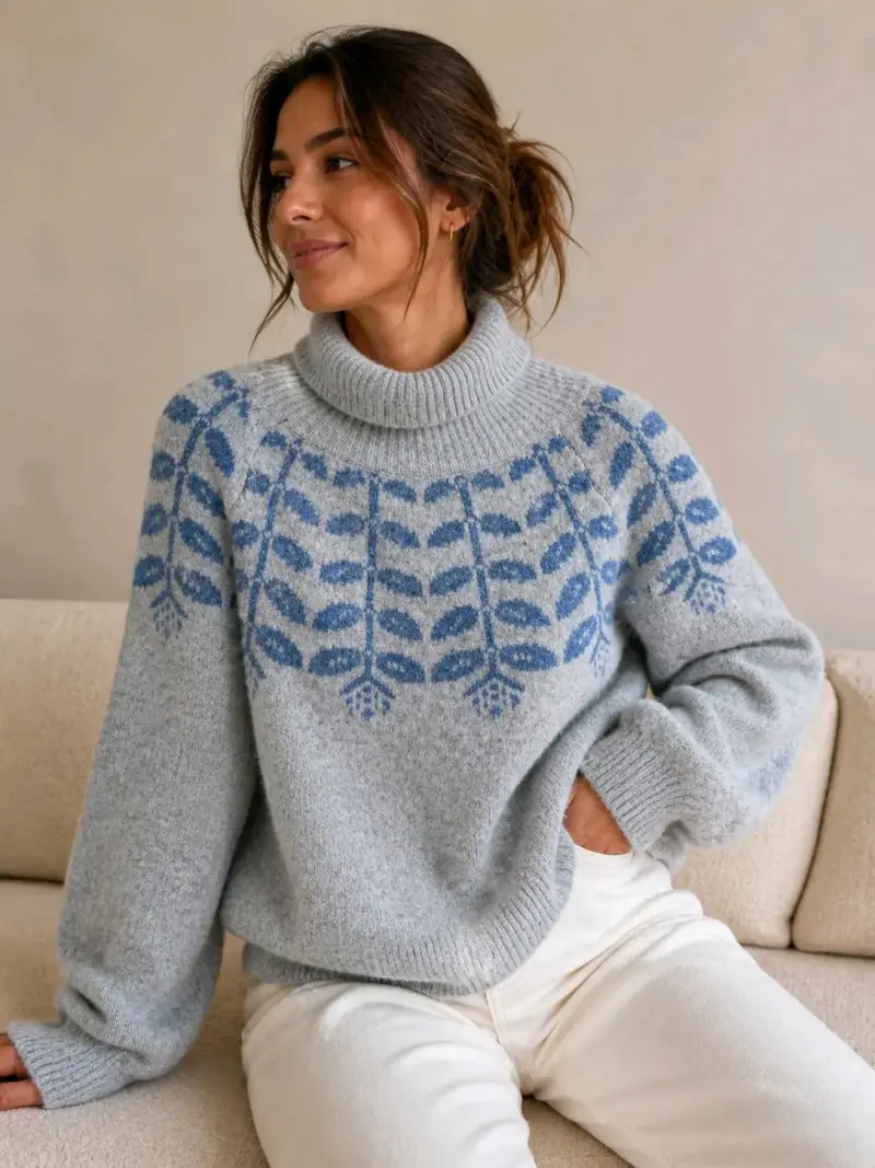 Suéter de cuello alto gris y azul
