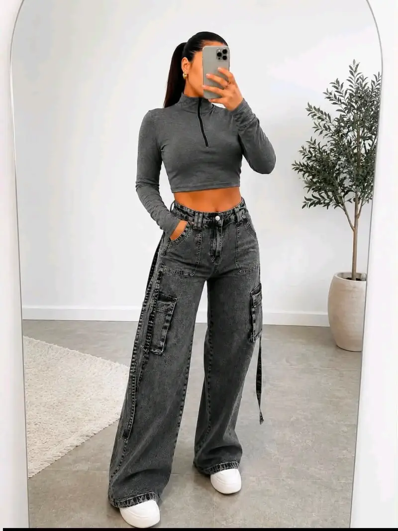 Jeans anchos cargo mujer - 1