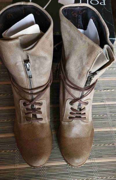Botines de cuero beige con cierre - miniatura 1