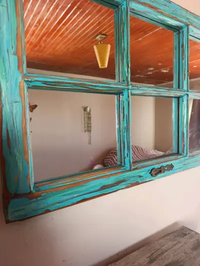 Espejo antiguo de madera turquesa - miniatura 2