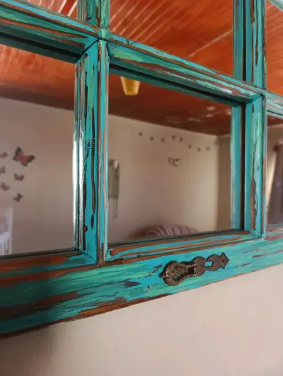 Espejo antiguo de madera turquesa - miniatura 3