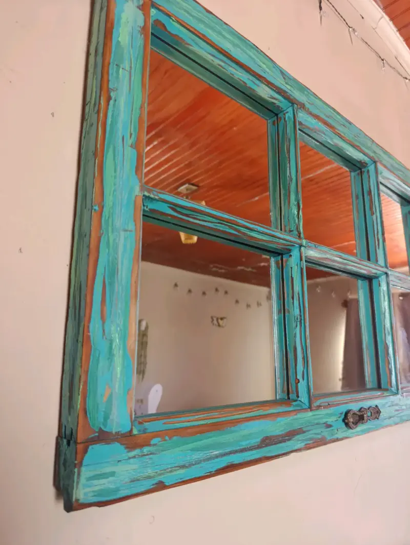 Espejo antiguo de madera turquesa - 4