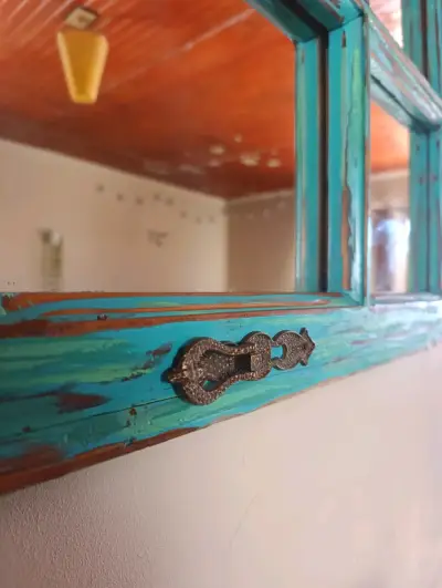 Espejo antiguo de madera turquesa - miniatura 5