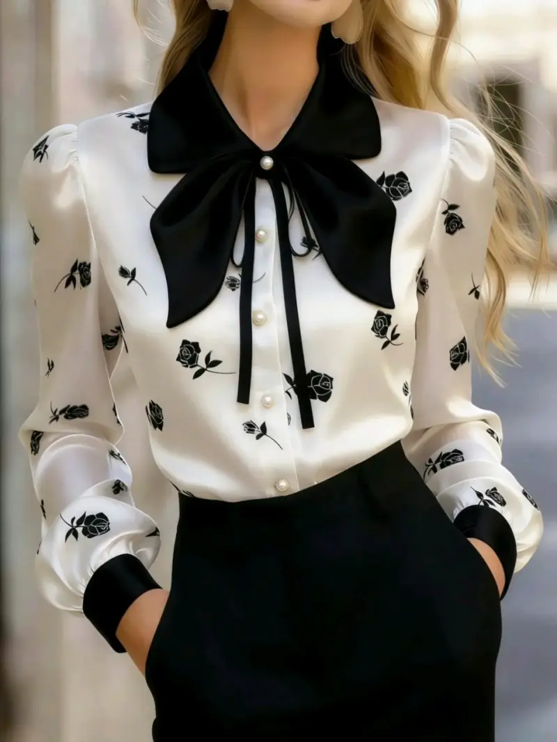 Blusa blanca con lazo negro