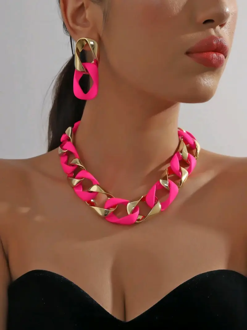 Collar y aros fucsia y dorado