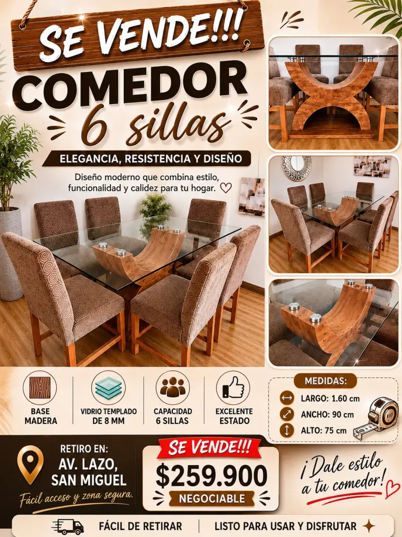 Comedor con 6 sillas madera y vidrio - 1