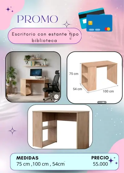Escritorio de madera compacto con estante de bibli - miniatura 2