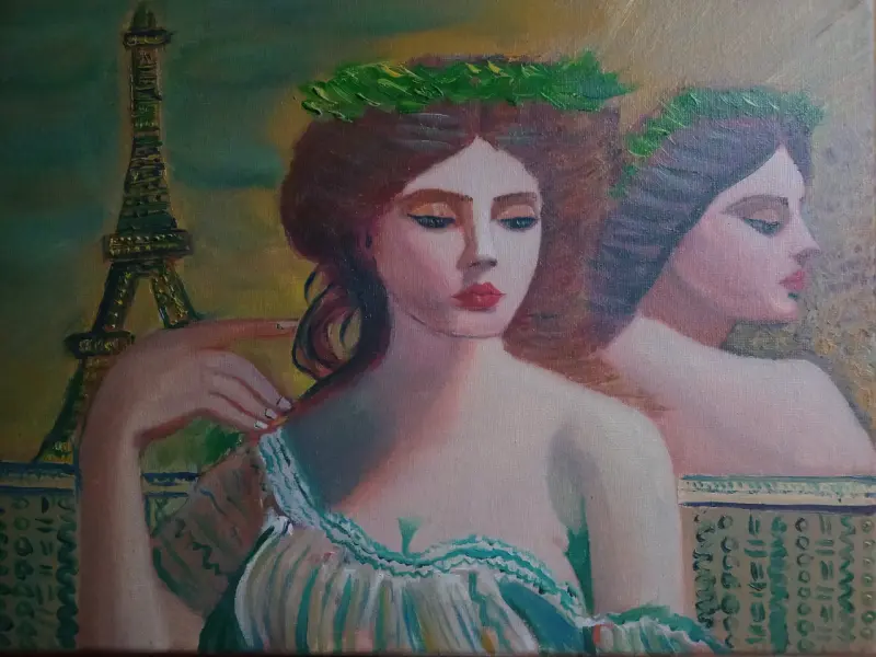 Pintura al óleo de dos mujeres "Las parisinas"