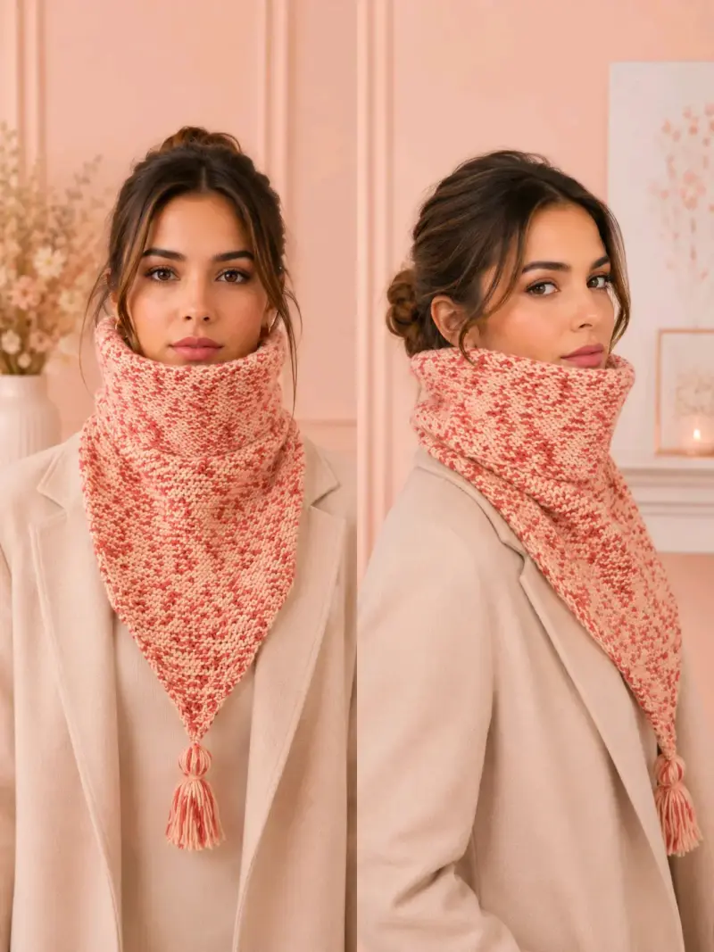 Cuello bandana tejida a dos agujas rosa matizado . - 1