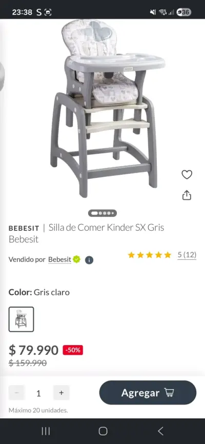 Silla de comer Bebesit gris claro - miniatura 1