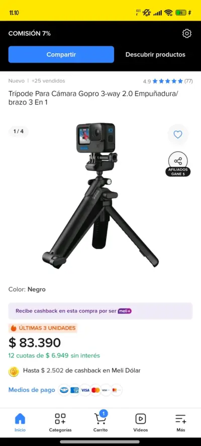Trípode GoPro 3-way 2.0 Negro - miniatura 1