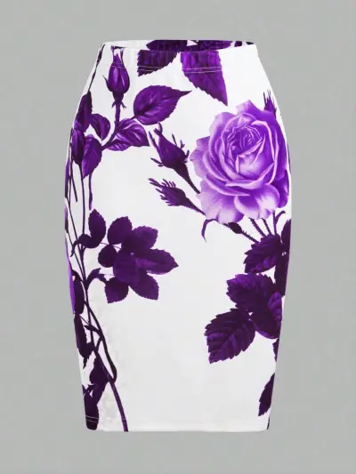 Falda lápiz floral púrpura - miniatura 1
