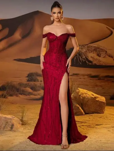 Vestido de gala rojo con brillo - miniatura 4