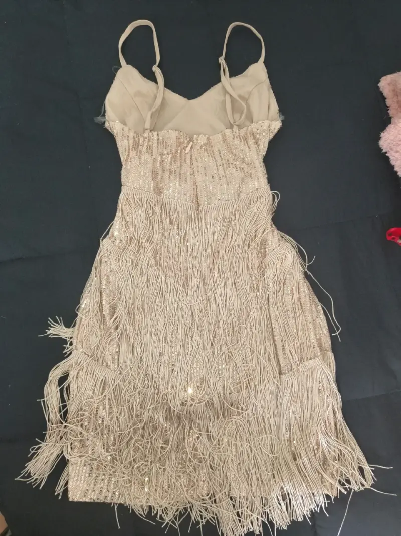 Vestido champán con flecos y lentejuelas talla S - 3