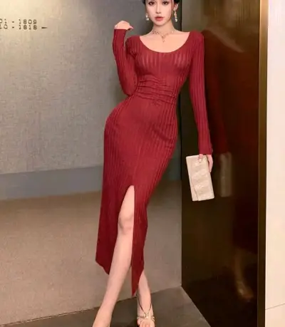 Vestido largo rojo con abertura - miniatura 1