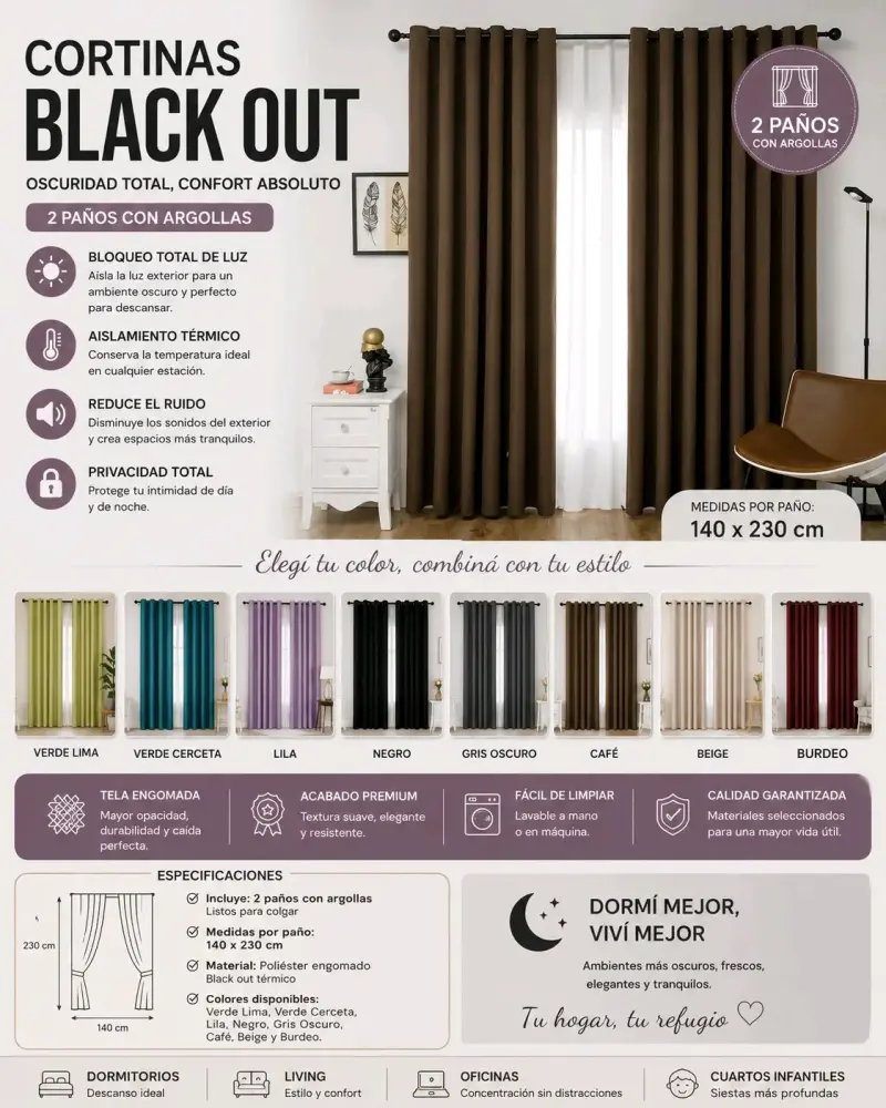 Cortinas Black Out 2 paños con argollas