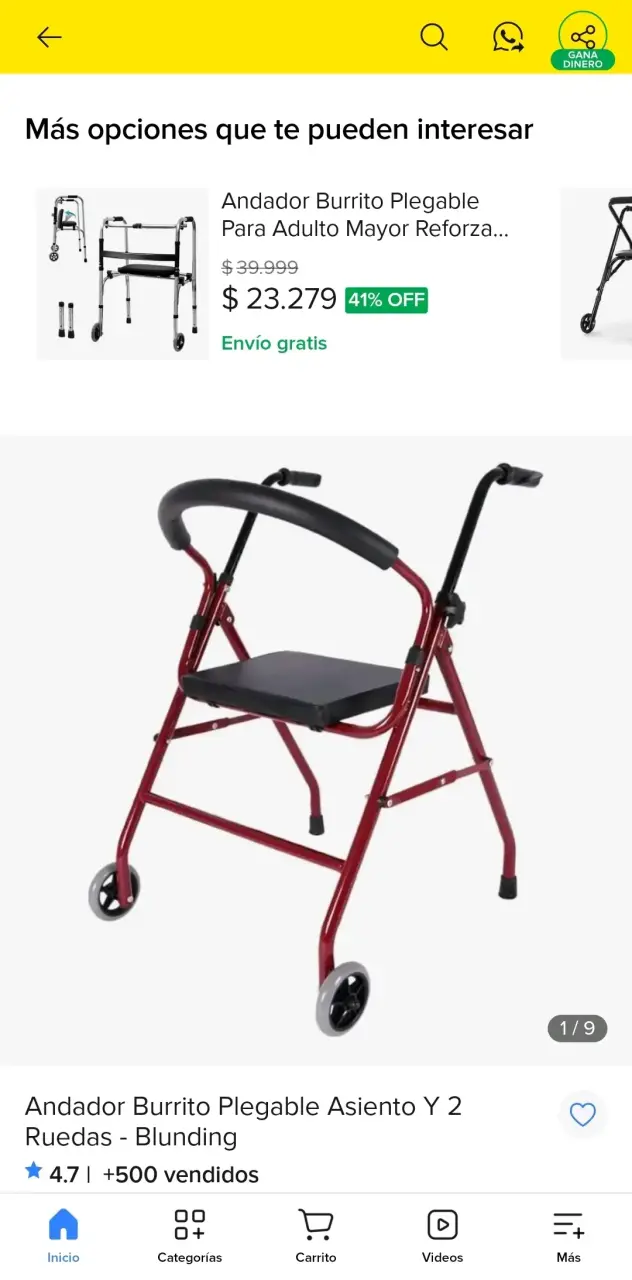 Andador plegable con asiento y ruedas