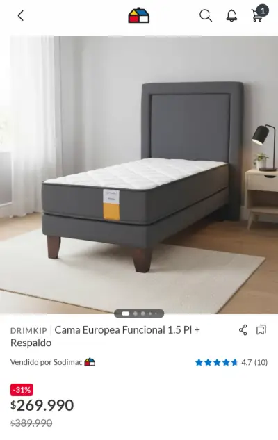Cama Europea con Respaldo 1 plaza drimkip - miniatura 1