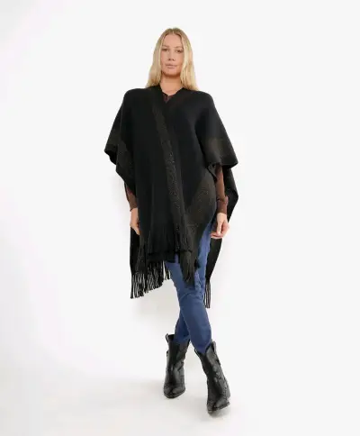 Poncho negro con flecos - miniatura 1