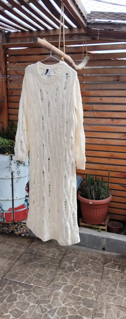 Vestido tejido calado blanco, - 2