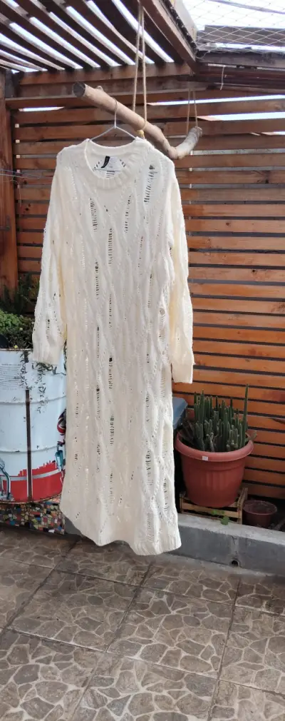 Vestido tejido calado blanco, - miniatura 2