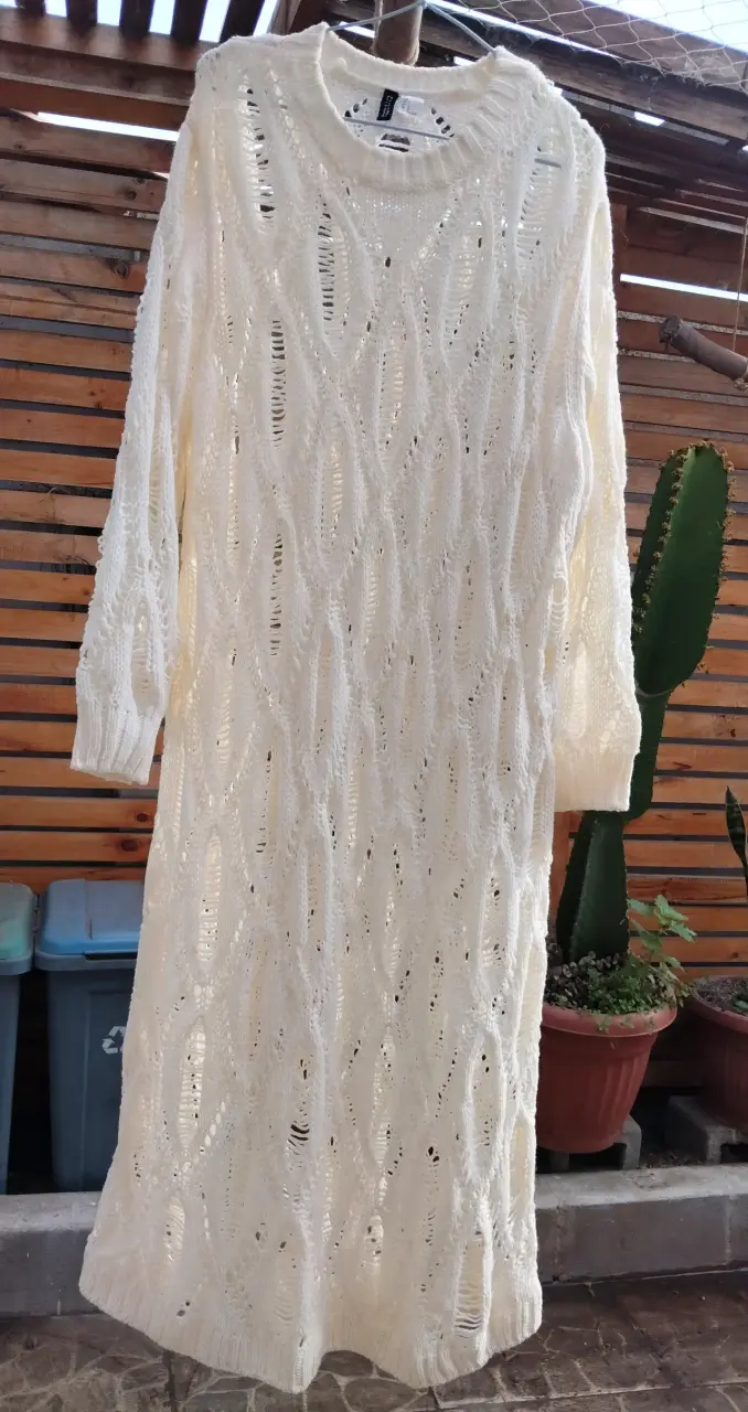 Vestido tejido calado blanco, - 3