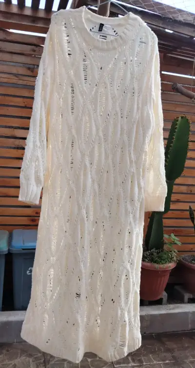 Vestido tejido calado blanco, - miniatura 3