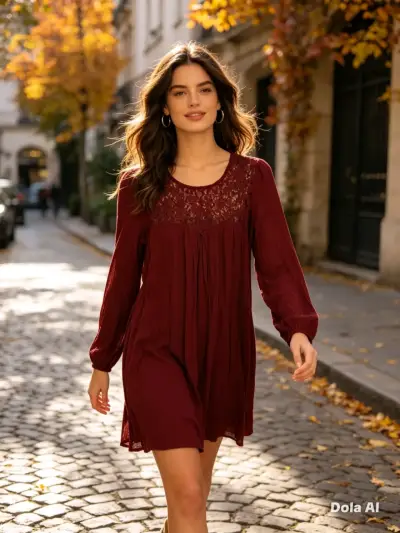 Vestido burdeo con encaje - miniatura 1